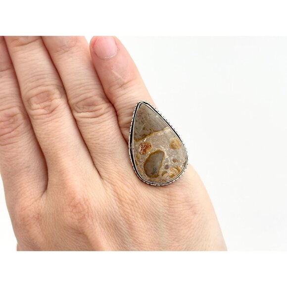 Agate Teardrop Shaped Southwest Style 925 Sterling Silver Vintage Ring - sz 5 - Picture 8 of 9